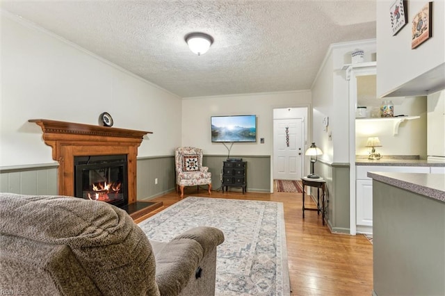 105 Stavenger Ct, Williamsburg, VA 23188 - living room with crown molding, light wood finished floors, a glass covered fireplace, a textured ceiling, and a wainscoted wall