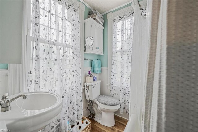 3317 Montana Ave, Norfolk, VA 23513 - bathroom with toilet, wood finished floors, a sink, curtained shower, and wainscoting