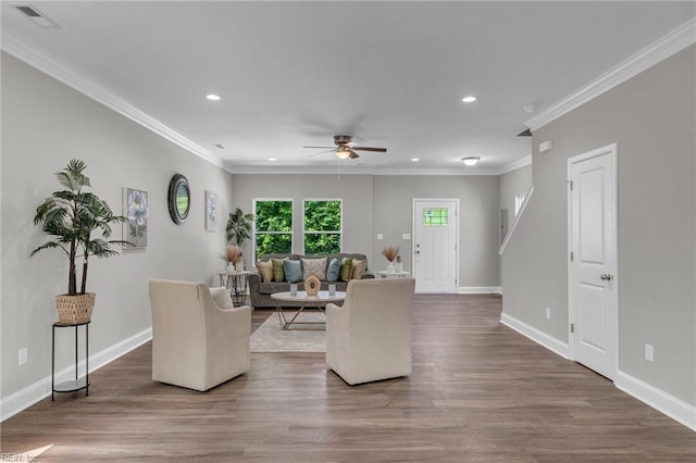 308 N Division St Unit A, Suffolk, VA 23434 - living room with a ceiling fan, recessed lighting, dark wood-type flooring, baseboards, and ornamental molding