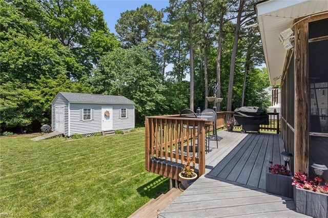 108 Silver Fox Trce, Yorktown, VA 23693 - wooden terrace with a yard, area for grilling, an outdoor structure, and view of wooded area