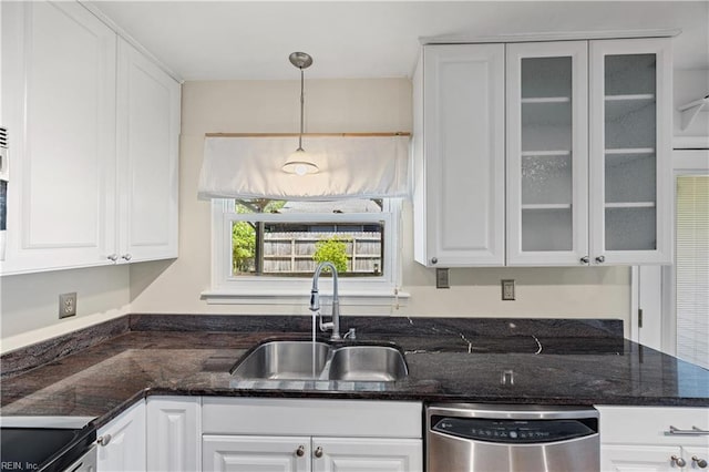 4456 Hudgins Dr, Virginia Beach, VA 23455 - kitchen featuring stainless steel appliances, a sink, white cabinets, glass insert cabinets, and hanging light fixtures