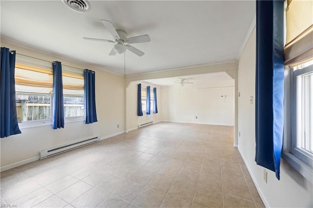 4456 Hudgins Dr, Virginia Beach, VA 23455 - spare room featuring baseboard heating, ceiling fan, crown molding, and healthy amount of natural light