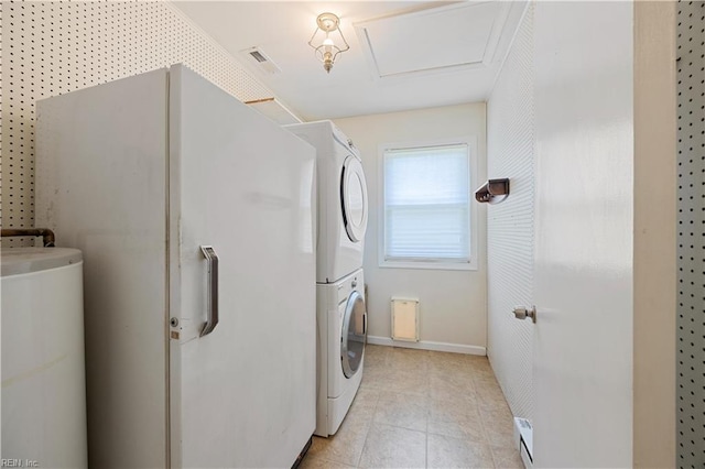 4456 Hudgins Dr, Virginia Beach, VA 23455 - laundry room featuring stacked washer / drying machine, water heater, light tile patterned flooring, baseboards, and a baseboard radiator