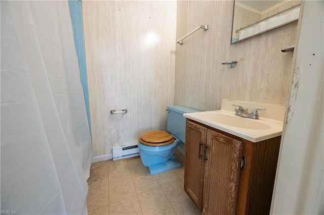 4456 Hudgins Dr, Virginia Beach, VA 23455 - full bathroom featuring a baseboard heating unit, vanity, toilet, and a shower with curtain