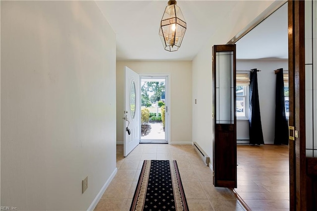 4456 Hudgins Dr, Virginia Beach, VA 23455 - doorway to outside featuring baseboard heating, a baseboard heating unit, light tile patterned floors, and baseboards