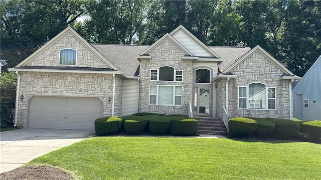 2019 River Pearl Way, Chesapeake, VA 23321 - french country home with stone siding, a front yard, concrete driveway, and a shingled roof