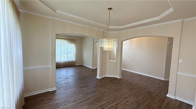 2019 River Pearl Way, Chesapeake, VA 23321 - unfurnished dining area featuring arched walkways, dark wood-style flooring, a chandelier, a raised ceiling, and crown molding