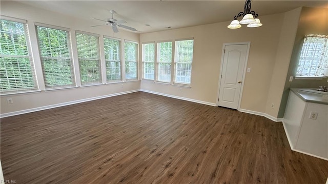 2019 River Pearl Way, Chesapeake, VA 23321 - unfurnished dining area with dark wood-style floors, a ceiling fan, baseboards, and healthy amount of natural light