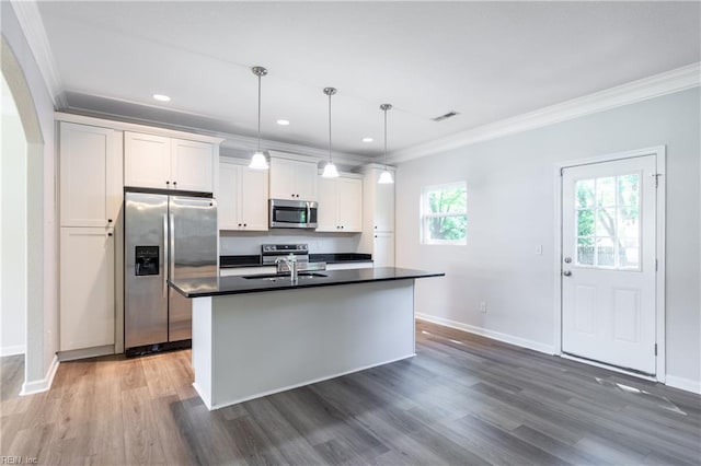 429 Draper Dr, Norfolk, VA 23505 - kitchen with appliances with stainless steel finishes, ornamental molding, dark countertops, a sink, and baseboards