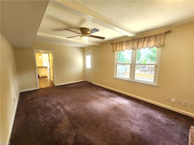 5097 Rochelle Rd, Virginia Beach, VA 23464 - spare room with dark carpet, ceiling fan, baseboards, and beamed ceiling