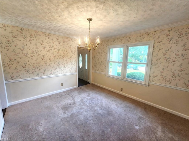 5097 Rochelle Rd, Virginia Beach, VA 23464 - unfurnished room featuring a chandelier, ornamental molding, baseboards, carpet floors, and wallpapered walls