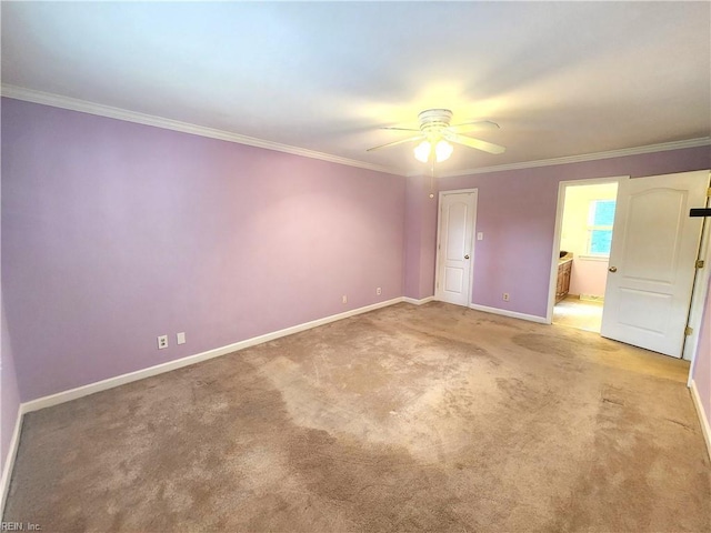 5097 Rochelle Rd, Virginia Beach, VA 23464 - unfurnished bedroom with baseboards, ornamental molding, carpet, ensuite bath, and ceiling fan