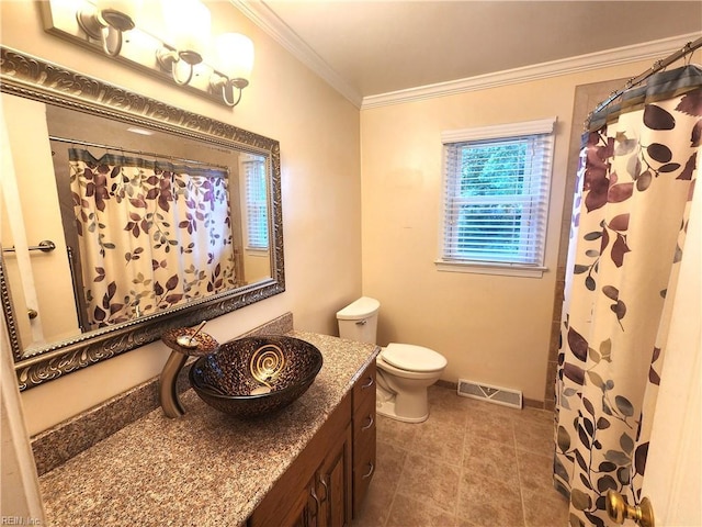 5097 Rochelle Rd, Virginia Beach, VA 23464 - full bathroom with vanity, crown molding, toilet, tile patterned flooring, and a shower with shower curtain