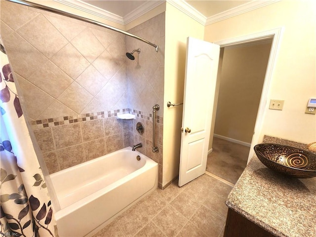 5097 Rochelle Rd, Virginia Beach, VA 23464 - full bathroom with shower / bathtub combination with curtain, crown molding, vanity, and baseboards