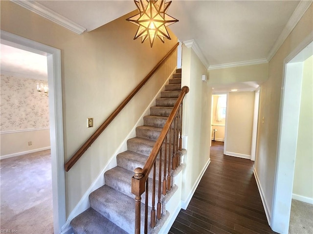 5097 Rochelle Rd, Virginia Beach, VA 23464 - stairs with a chandelier, ornamental molding, wood-type flooring, and baseboards