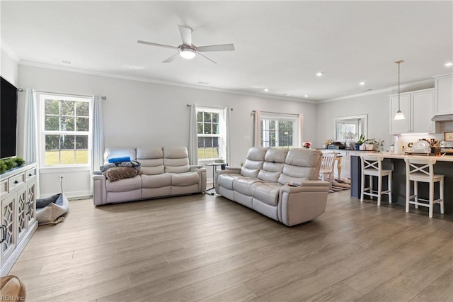 110 Georgia Dr, Elizabeth City, NC 27909 - living area featuring plenty of natural light, ceiling fan, crown molding, light wood-style floors, and recessed lighting