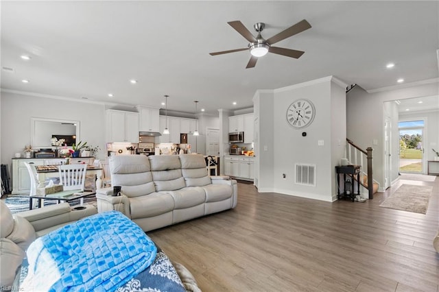 110 Georgia Dr, Elizabeth City, NC 27909 - living area featuring ornamental molding, stairway, ceiling fan, recessed lighting, and baseboards