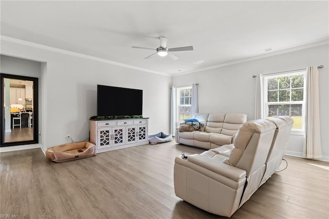 110 Georgia Dr, Elizabeth City, NC 27909 - living room featuring ceiling fan, wood finished floors, plenty of natural light, and ornamental molding