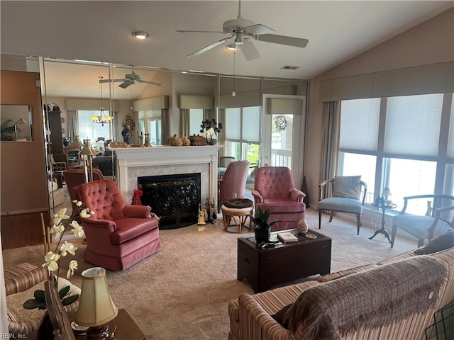 240 Dockside Dr Unit C, Hampton, VA 23669 - living area featuring a ceiling fan, carpet, a premium fireplace, and lofted ceiling