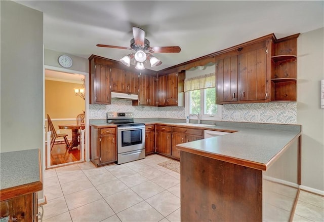 7 Saint Francis Dr, Newport News, VA 23602 - kitchen featuring electric range, under cabinet range hood, a sink, a peninsula, and decorative backsplash