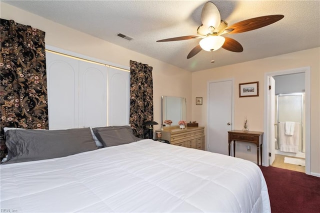 709 Roosevelt Ave, Virginia Beach, VA 23452 - carpeted bedroom featuring a closet, a textured ceiling, ceiling fan, and ensuite bathroom