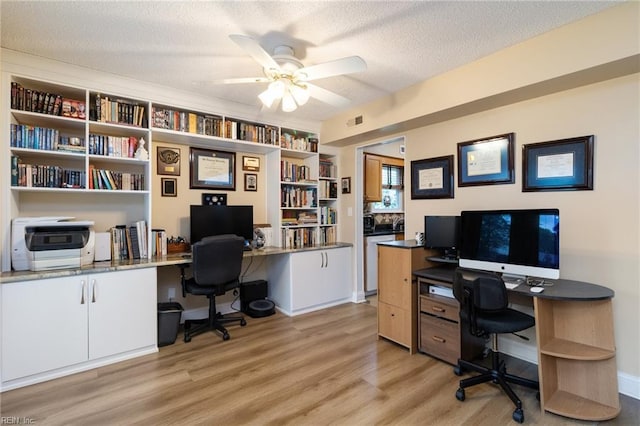 709 Roosevelt Ave, Virginia Beach, VA 23452 - office area featuring ceiling fan, light wood finished floors, built in desk, and a textured ceiling
