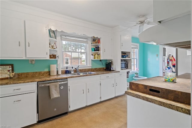 108 Pocahontas St, Franklin, VA 23851 - kitchen featuring appliances with stainless steel finishes, open shelves, a sink, and a ceiling fan