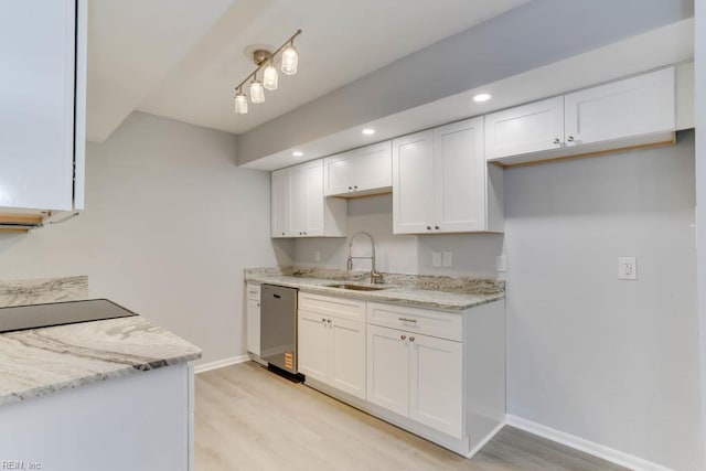 722 White Hall Ln, Virginia Beach, VA 23464 - kitchen featuring a sink, dishwasher, light wood-style floors, white cabinets, and recessed lighting
