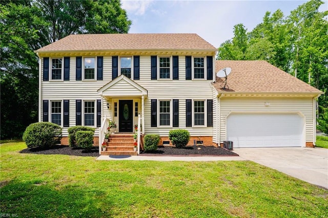 3124 Douglas Rd, Chesapeake, VA 23322 - colonial inspired home featuring a garage, concrete driveway, a front yard, and crawl space