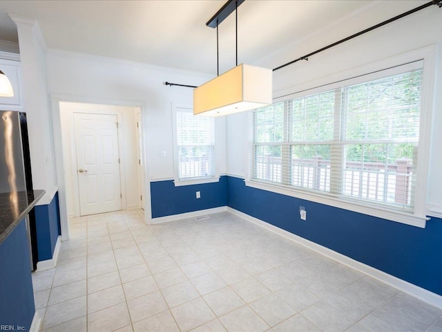 4604 Bellamy Ct, Virginia Beach, VA 23462 - kitchen with freestanding refrigerator, crown molding, light tile patterned floors, baseboards, and pendant lighting