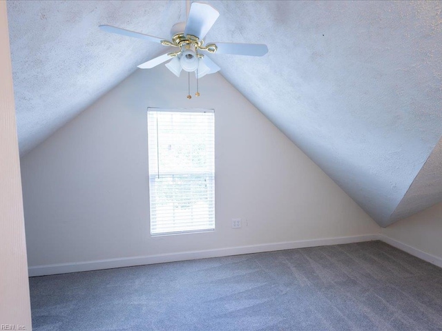 4604 Bellamy Ct, Virginia Beach, VA 23462 - bonus room featuring a textured ceiling, carpet, vaulted ceiling, baseboards, and ceiling fan