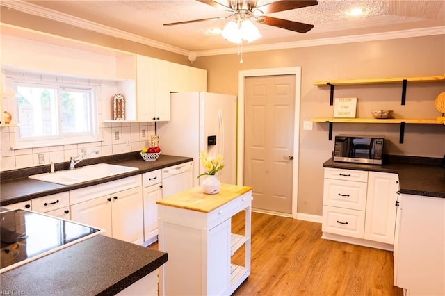 4505 Hessian Ct, Virginia Beach, VA 23462 - kitchen featuring white appliances, a sink, white cabinetry, a ceiling fan, and decorative backsplash