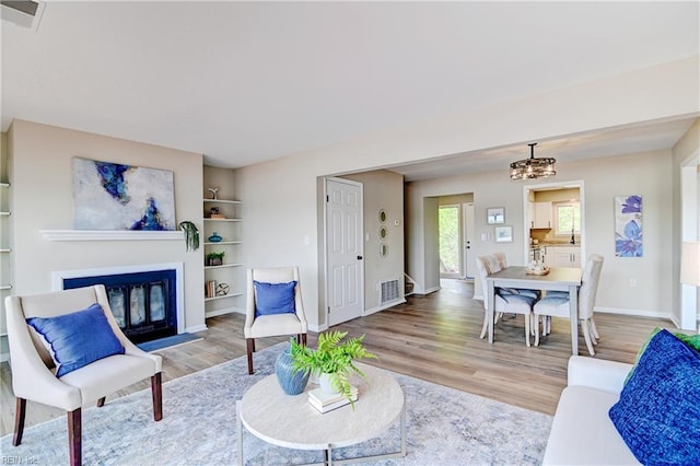 166 Mill Point Dr, Hampton, VA 23669 - living room with wood finished floors, baseboards, built in features, and a glass covered fireplace
