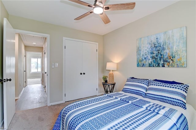 166 Mill Point Dr, Hampton, VA 23669 - bedroom featuring attic access, carpet flooring, a closet, baseboards, and ceiling fan