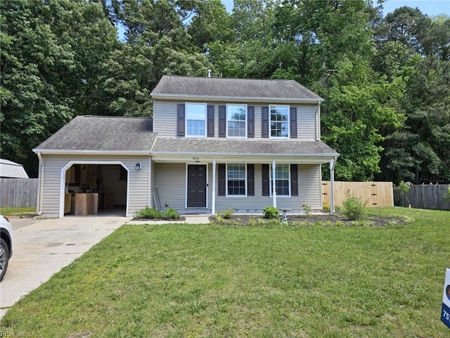 834 Haskins Dr, Suffolk, VA 23434 - view of front of property with an attached garage, concrete driveway, a porch, and view of wooded area