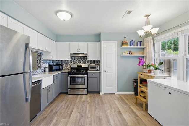 1765 Unicorn Dr, Virginia Beach, VA 23454 - kitchen with appliances with stainless steel finishes, under cabinet range hood, gray cabinets, a chandelier, and light countertops