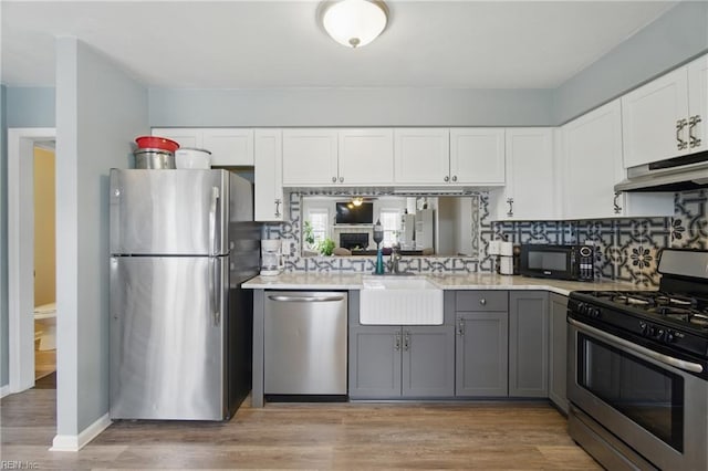 1765 Unicorn Dr, Virginia Beach, VA 23454 - kitchen featuring appliances with stainless steel finishes, under cabinet range hood, gray cabinetry, a sink, and light countertops