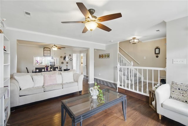 1765 Unicorn Dr, Virginia Beach, VA 23454 - living area featuring a ceiling fan, stairs, crown molding, wood finished floors, and baseboards