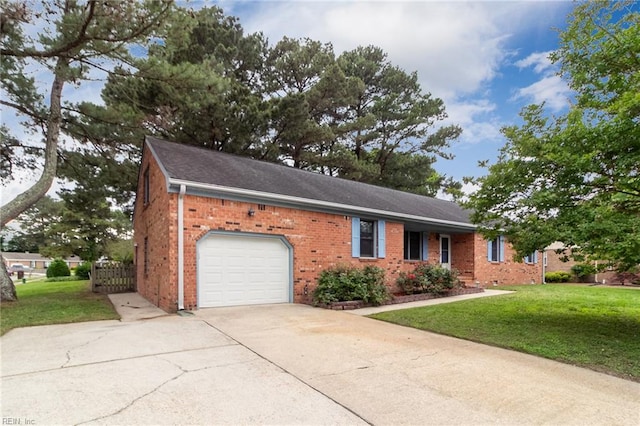 1238 Grenadier Dr, Chesapeake, VA 23322 - ranch-style house with a garage, brick siding, a front lawn, and concrete driveway