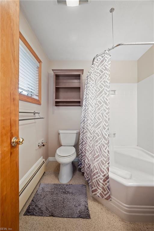 34 Kenwood Dr, Hampton, VA 23666 - full bathroom featuring a baseboard heating unit, toilet, shower / bath combination with curtain, and baseboards