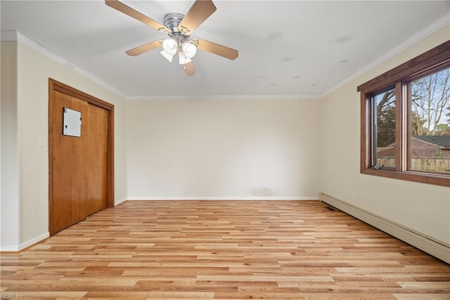 34 Kenwood Dr, Hampton, VA 23666 - unfurnished room with a baseboard heating unit, baseboards, light wood-style flooring, ornamental molding, and ceiling fan