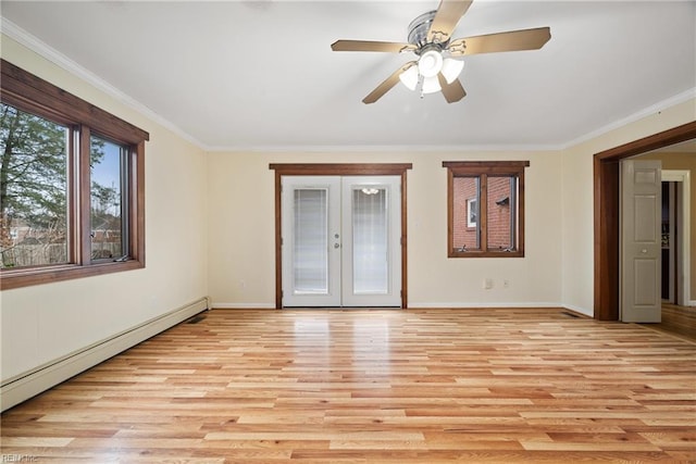 34 Kenwood Dr, Hampton, VA 23666 - empty room with a baseboard radiator, light wood finished floors, baseboards, french doors, and ornamental molding