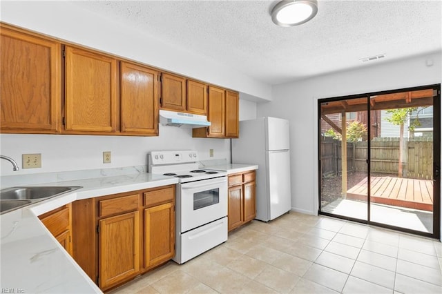 4321 Moosewood Ct, Virginia Beach, VA 23462 - kitchen featuring white appliances, under cabinet range hood, a textured ceiling, a sink, and brown cabinets