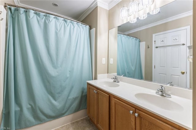 115 Rochdale Ln, Suffolk, VA 23434 - bathroom featuring ornamental molding, double vanity, tile patterned floors, and a shower with shower curtain