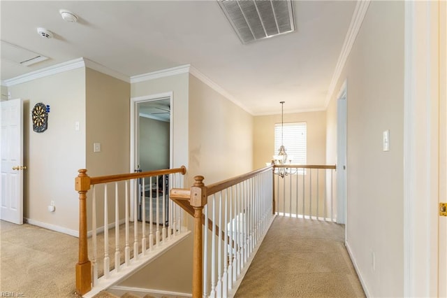 115 Rochdale Ln, Suffolk, VA 23434 - hall with an upstairs landing, carpet floors, a chandelier, crown molding, and baseboards