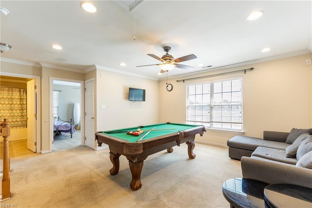 115 Rochdale Ln, Suffolk, VA 23434 - rec room with light carpet, recessed lighting, billiards table, baseboards, and ornamental molding