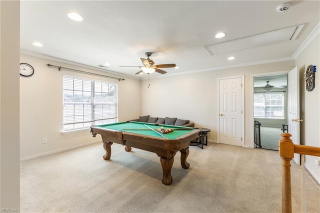 115 Rochdale Ln, Suffolk, VA 23434 - playroom with attic access, ornamental molding, light colored carpet, billiards table, and baseboards