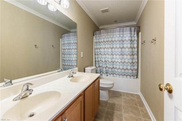 115 Rochdale Ln, Suffolk, VA 23434 - full bathroom with toilet, double vanity, crown molding, tile patterned floors, and shower / bath combination with curtain