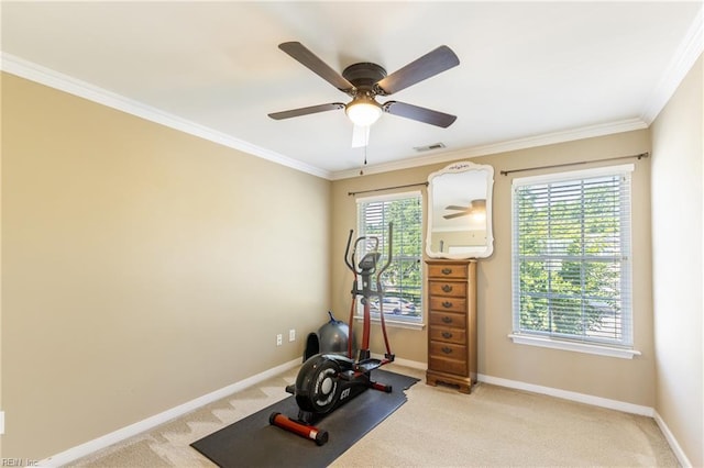115 Rochdale Ln, Suffolk, VA 23434 - exercise area with ceiling fan, baseboards, light carpet, and crown molding