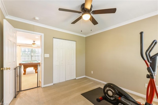 115 Rochdale Ln, Suffolk, VA 23434 - exercise room featuring light carpet, a ceiling fan, crown molding, baseboards, and pool table
